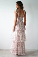 Tie Up Floral Print Tiered Maxi Dress