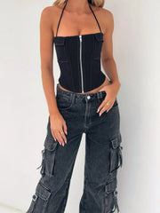 Long Night Denim Cargo Pants Washed Black