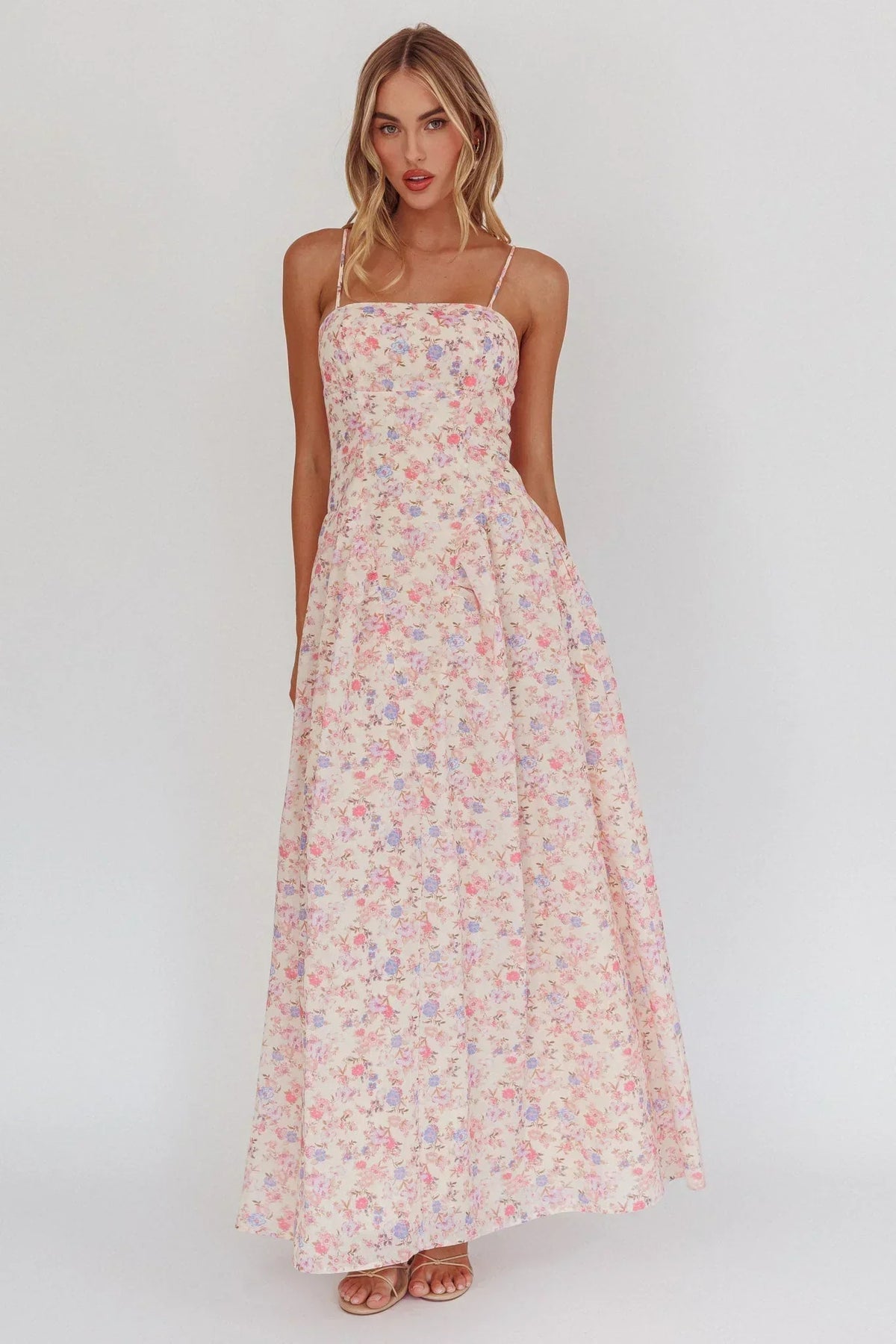 Daisy Day Basque Waist Maxi Dress Floral Blue