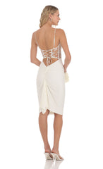 Mesh Floral Shimmer Cutout Midi Dress in Ivory