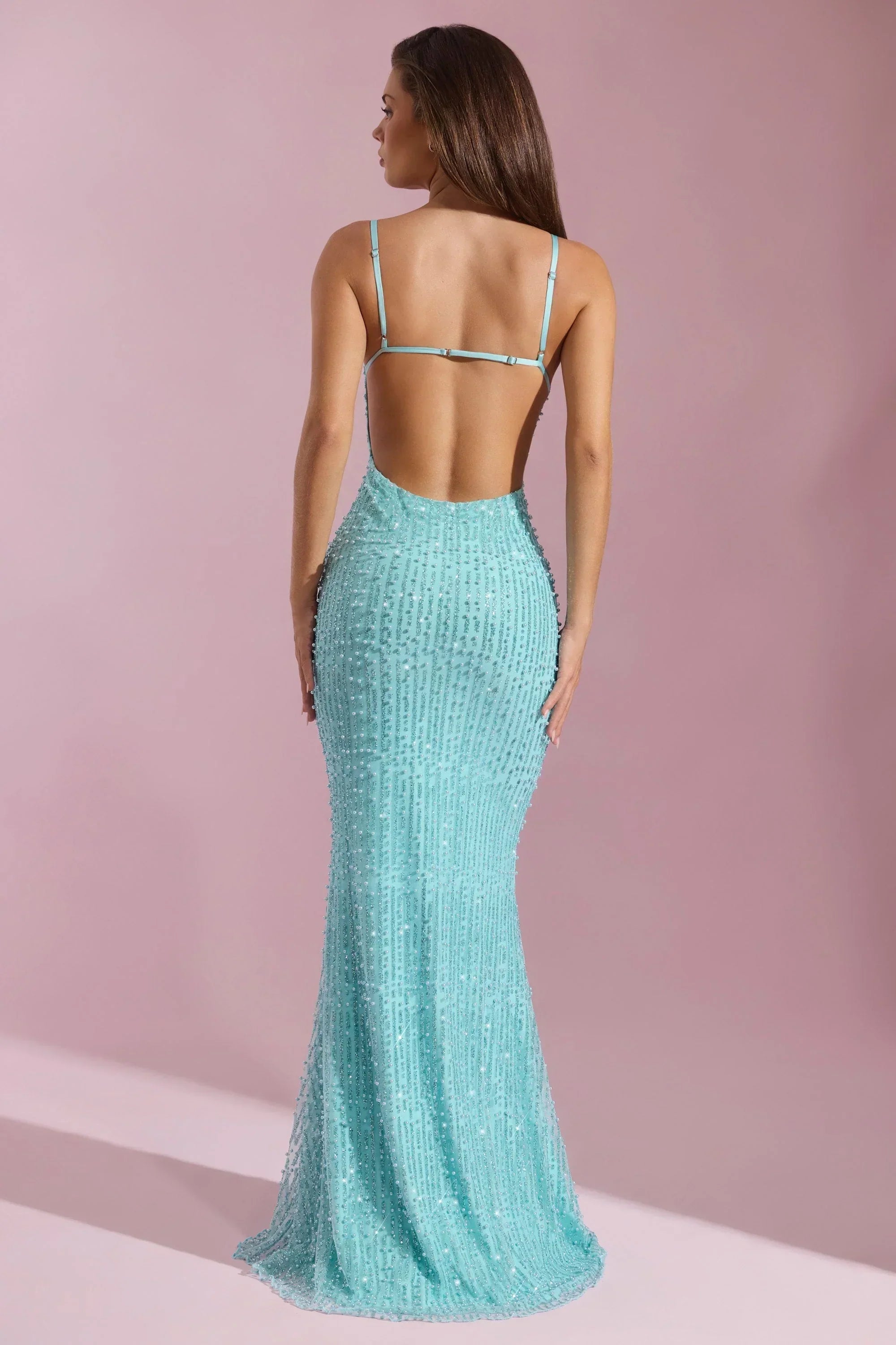 Embellished Cowl-Neck Backless Maxi Dress in Aqua Blue – Lucymaison