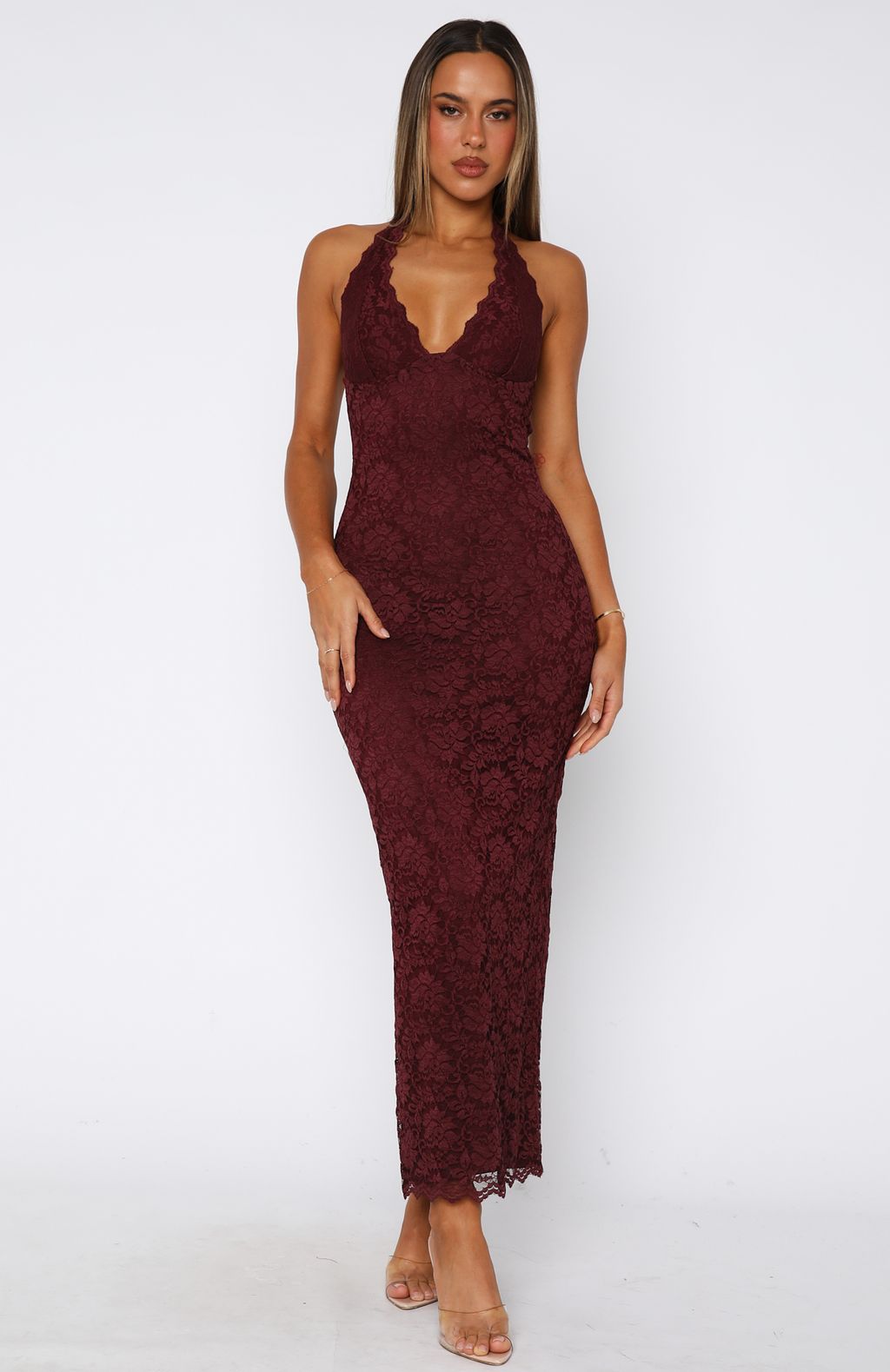 Destiny Lace Maxi Dress Burgundy – Lucymaison
